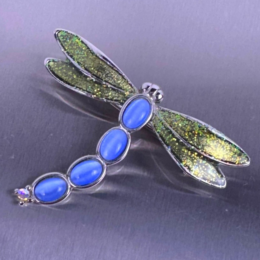 Liz Claiborne Dragonfly Brooch Pin Silver Tone Blue Stones Green Wings Fairy Vtg